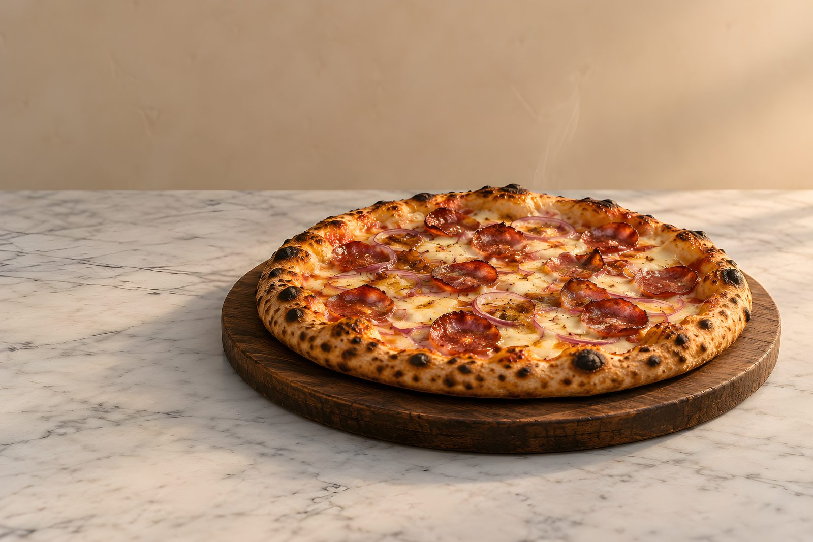 Eine frisch gebackene Pizza mit Salami, roten Zwiebeln und Taleggio auf einem Holzbrett, auf einer Marmortheke vor einer hellen Wand (Illustration)