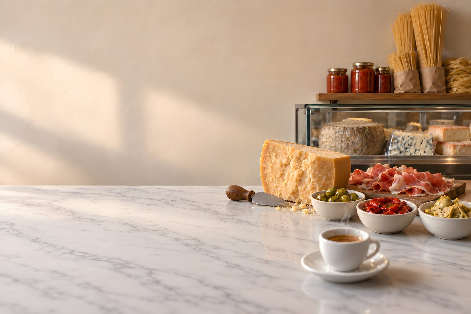 Marmortheke eines kleinen italienischen Feinkostladens mit einem Laib Parmigiano, Prosciutto auf einem Brett, Schälchen mit Oliven, Paprika und Artischocken, vorne eine Espressotasse (Illustration)
