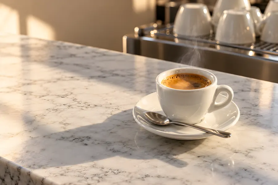 Eine Espressotasse mit dicker Crema auf einer Marmorbar im Morgenlicht (Illustration)