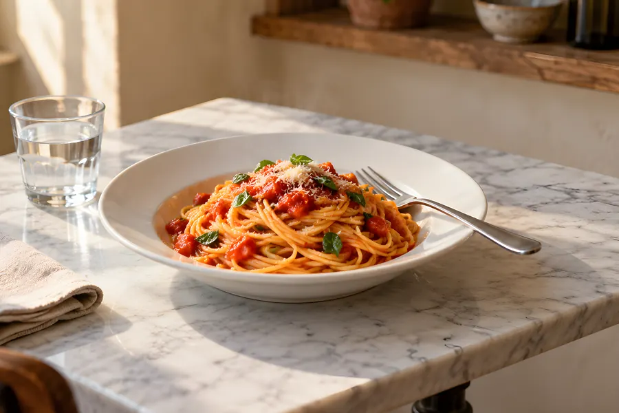 Ein Teller Spaghetti mit Tomatensauce und Basilikum auf einem kleinen Marmortisch (Illustration)