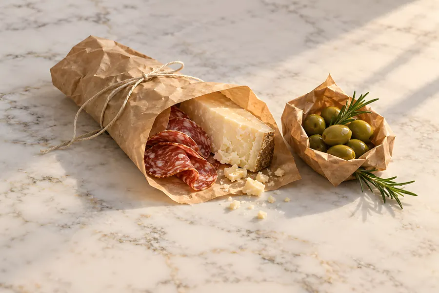 Salami und Pecorino halb ausgepackt in braunem Papier, daneben Oliven in einer Papiertüte (Illustration)