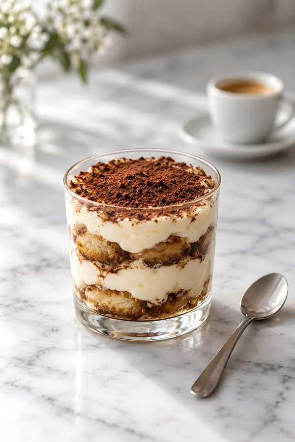 Tiramisu in einem Glas mit Kakao, daneben ein Löffel, hinten eine Espressotasse (Illustration)